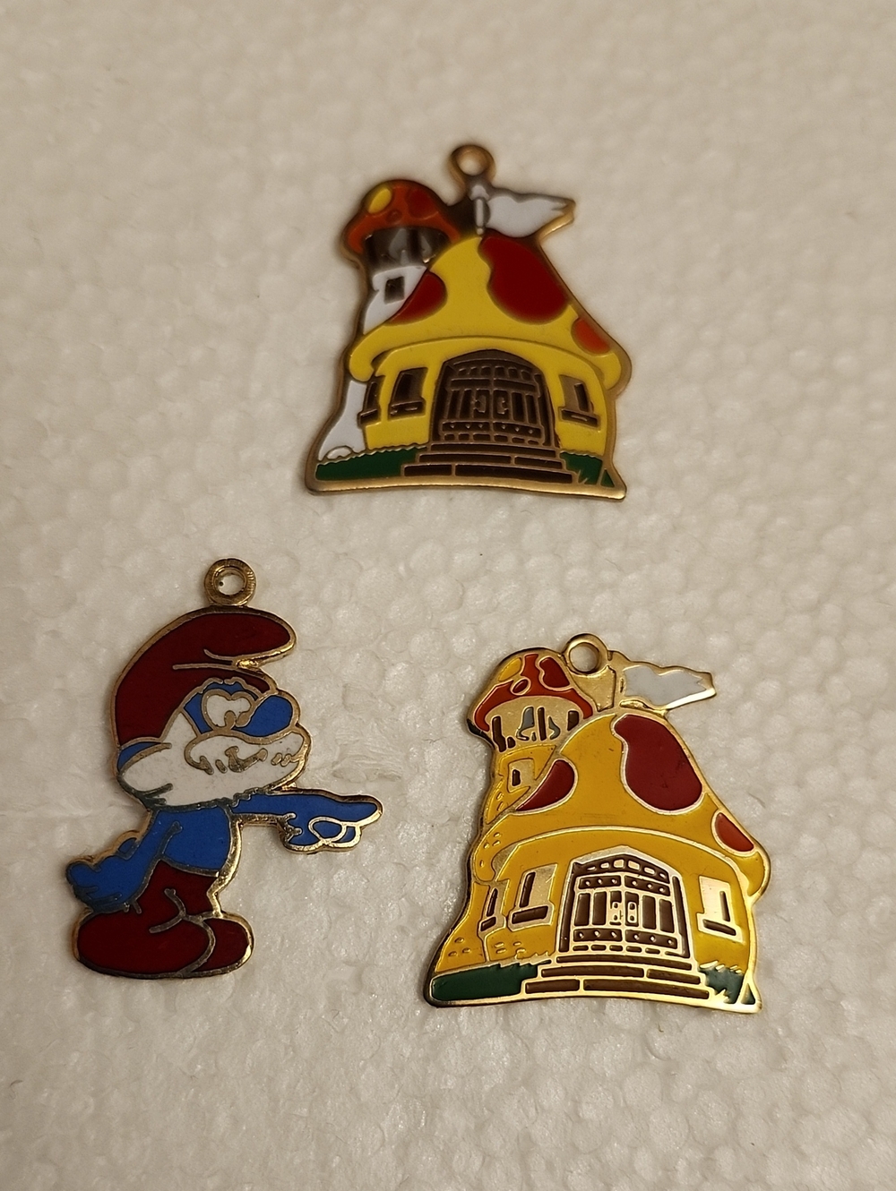 Vintage Smurf and Mushroom House Enamel Charms  Trio Peyer 1980